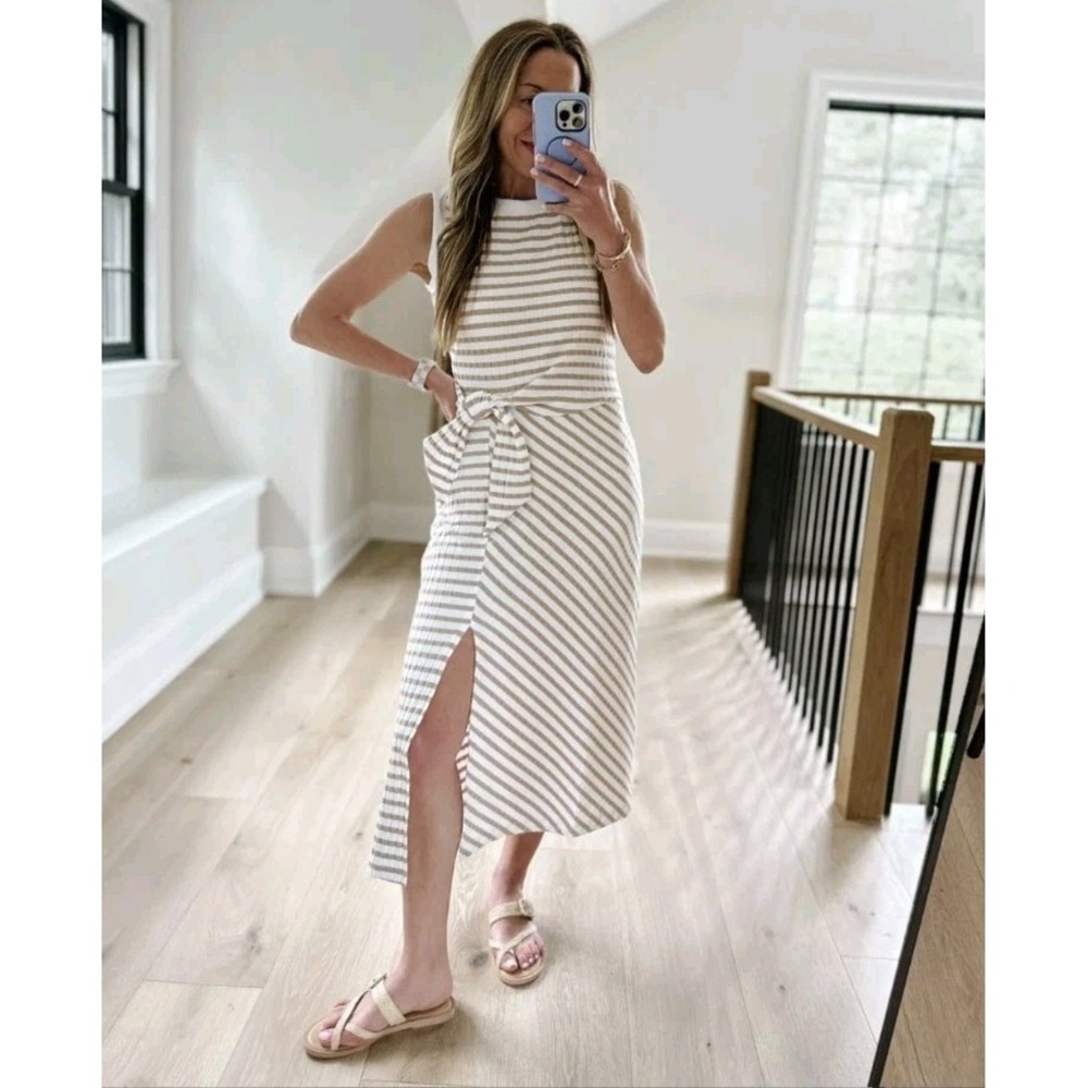 Evereve Aster Striped Midi Dress Sleeveless Side Tie Slit Stretch Knit Women's M